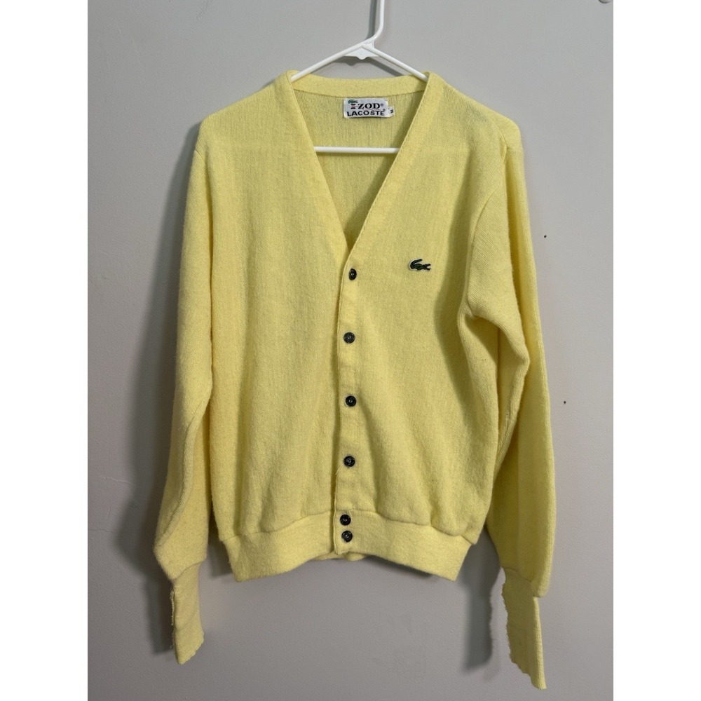 Vintage Izod Lacoste Cardigan Mens Medium Yellow Orlon Acrylic 70s Roll Sleeve